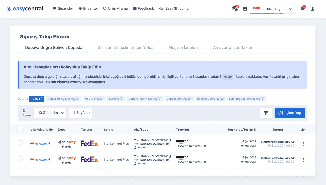 EasyCentral · Heading to Warehouse / In Warehouse tab