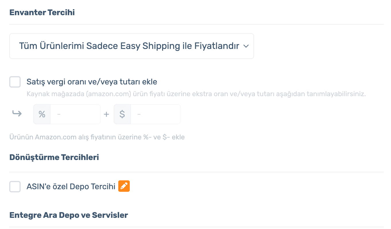 Easy Shipping inventory preferences