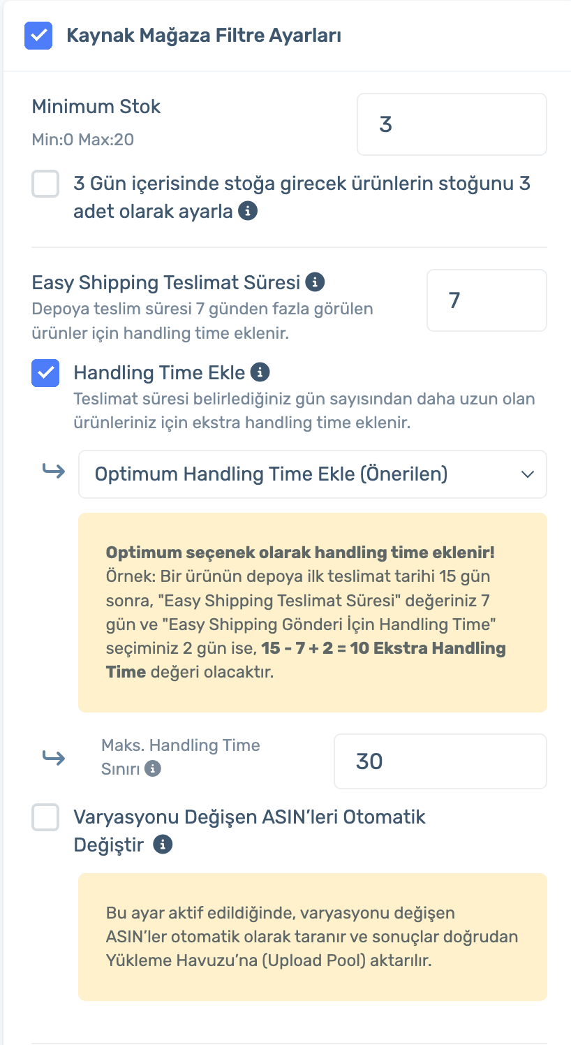 Source store filter settings: Easy Shipping delivery time and Add Handling Time