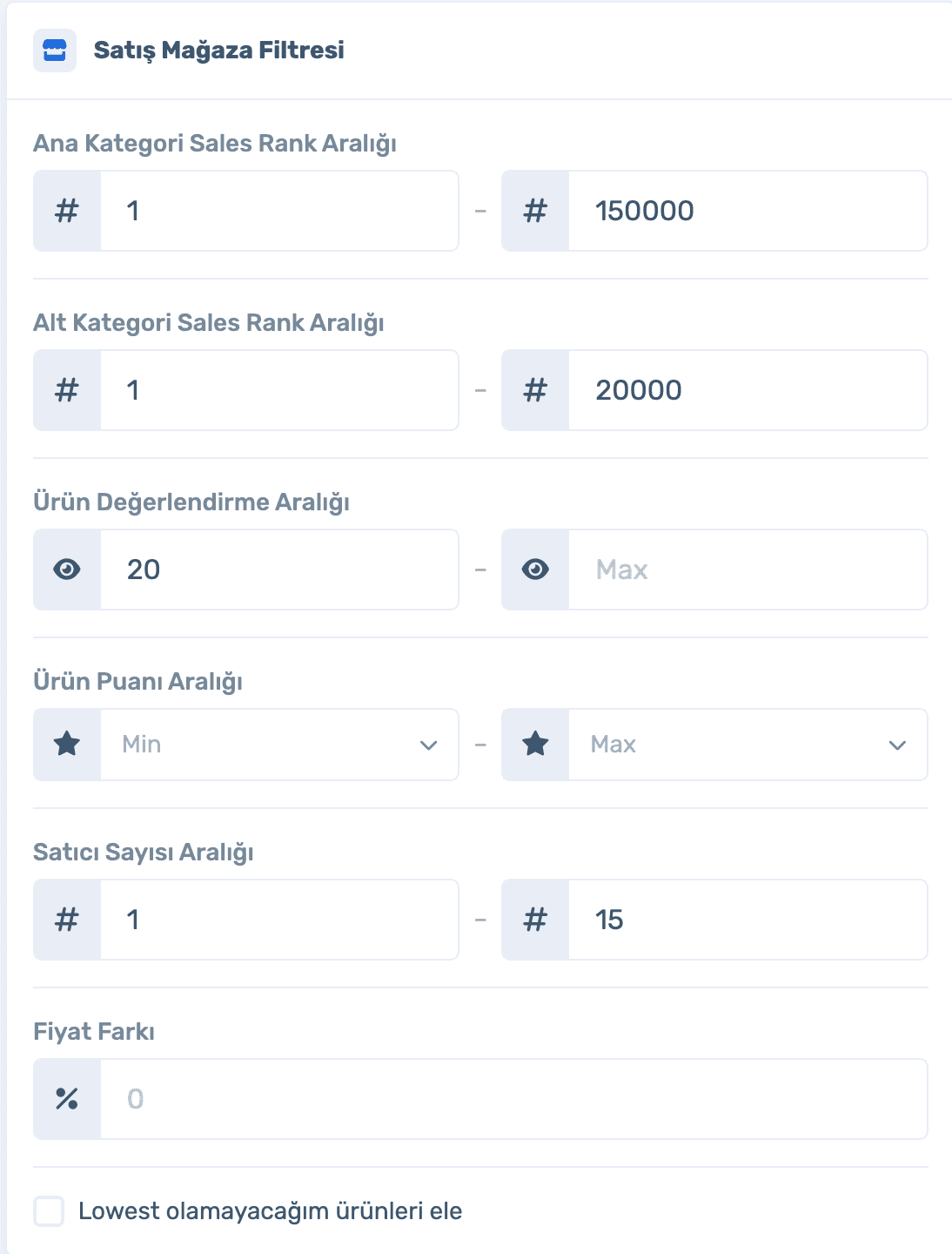 Sales store filter card
