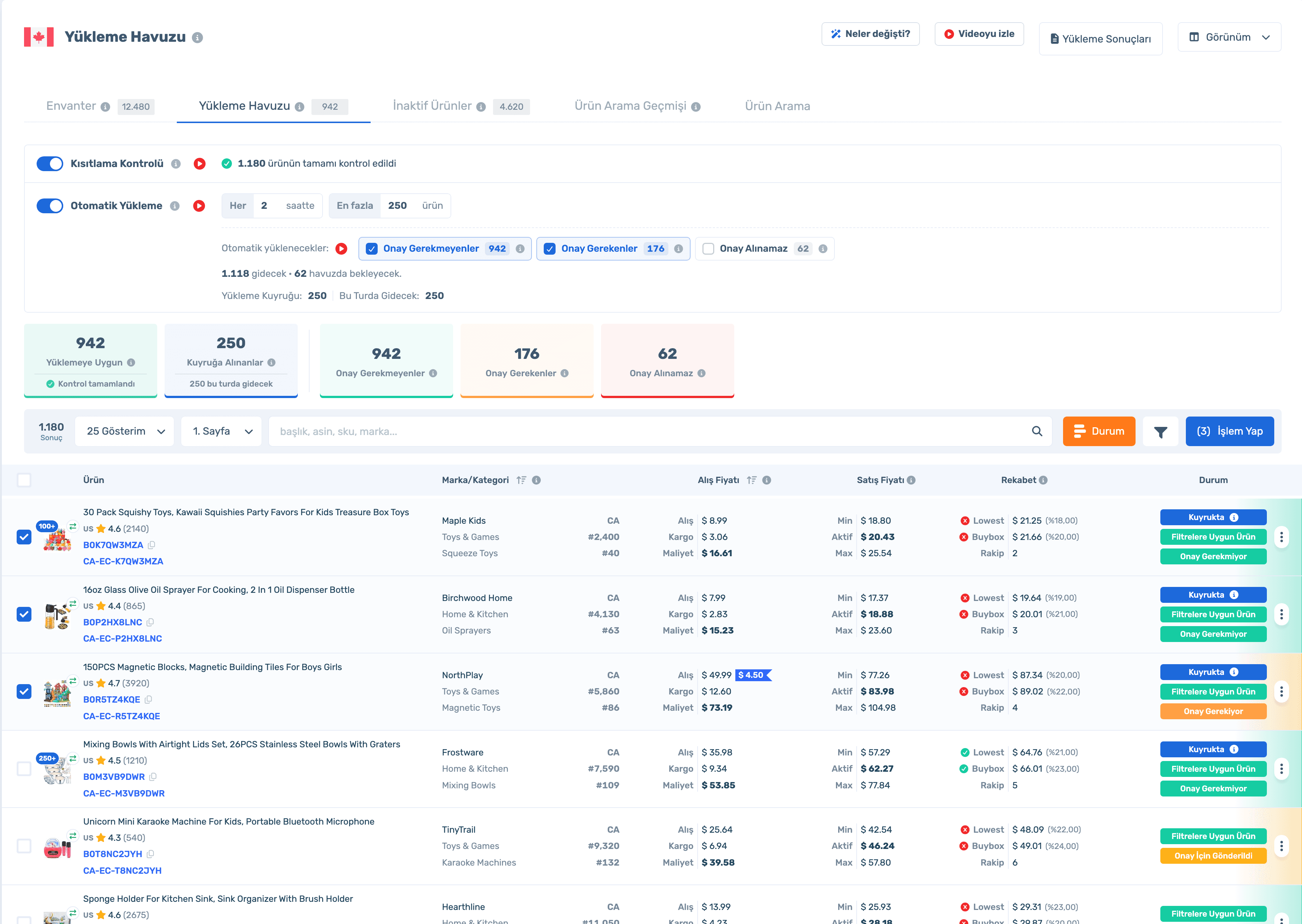 Upload Pool: Restriction Check, automatic upload and product list