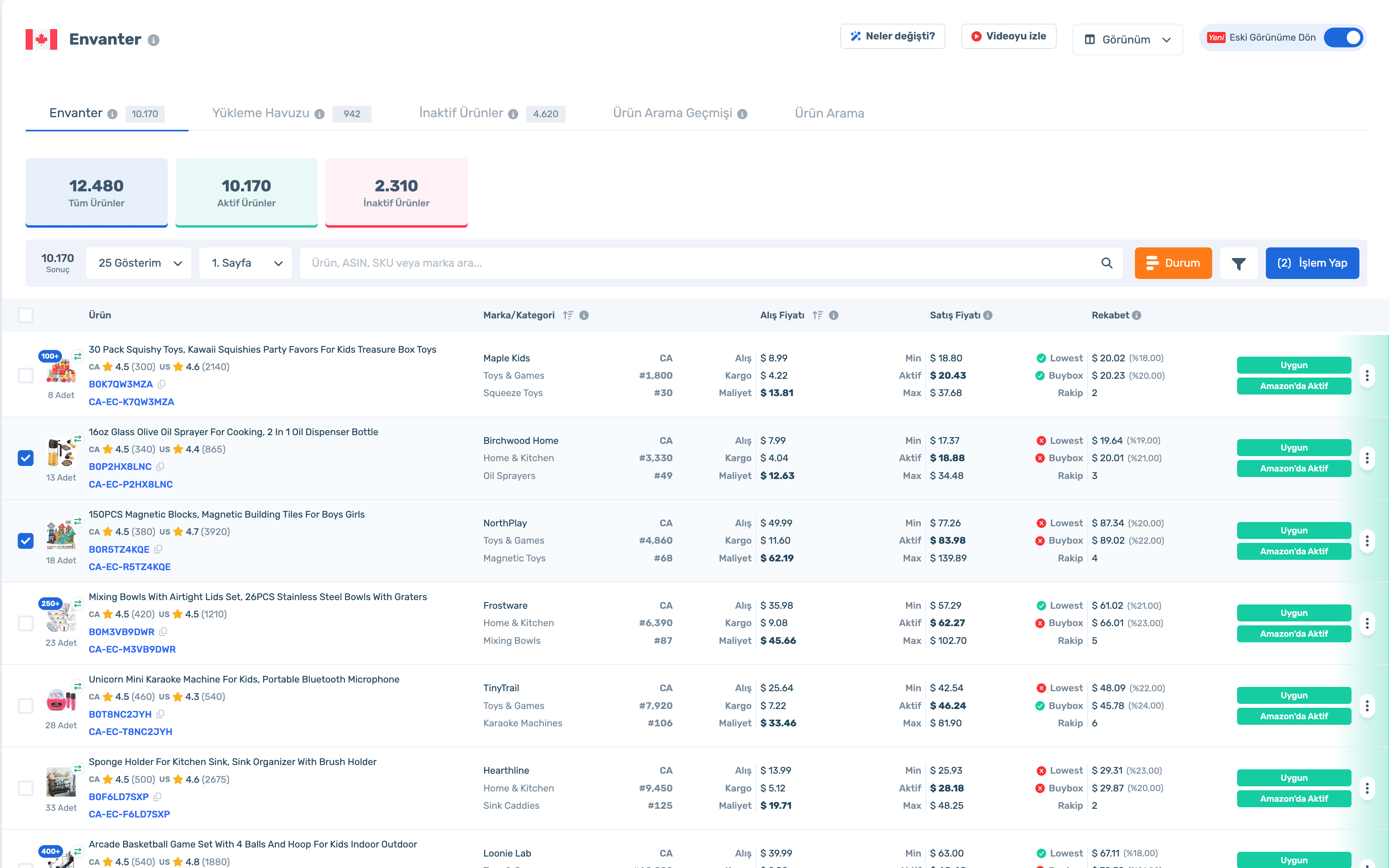 Inventory tab: status summary and product table