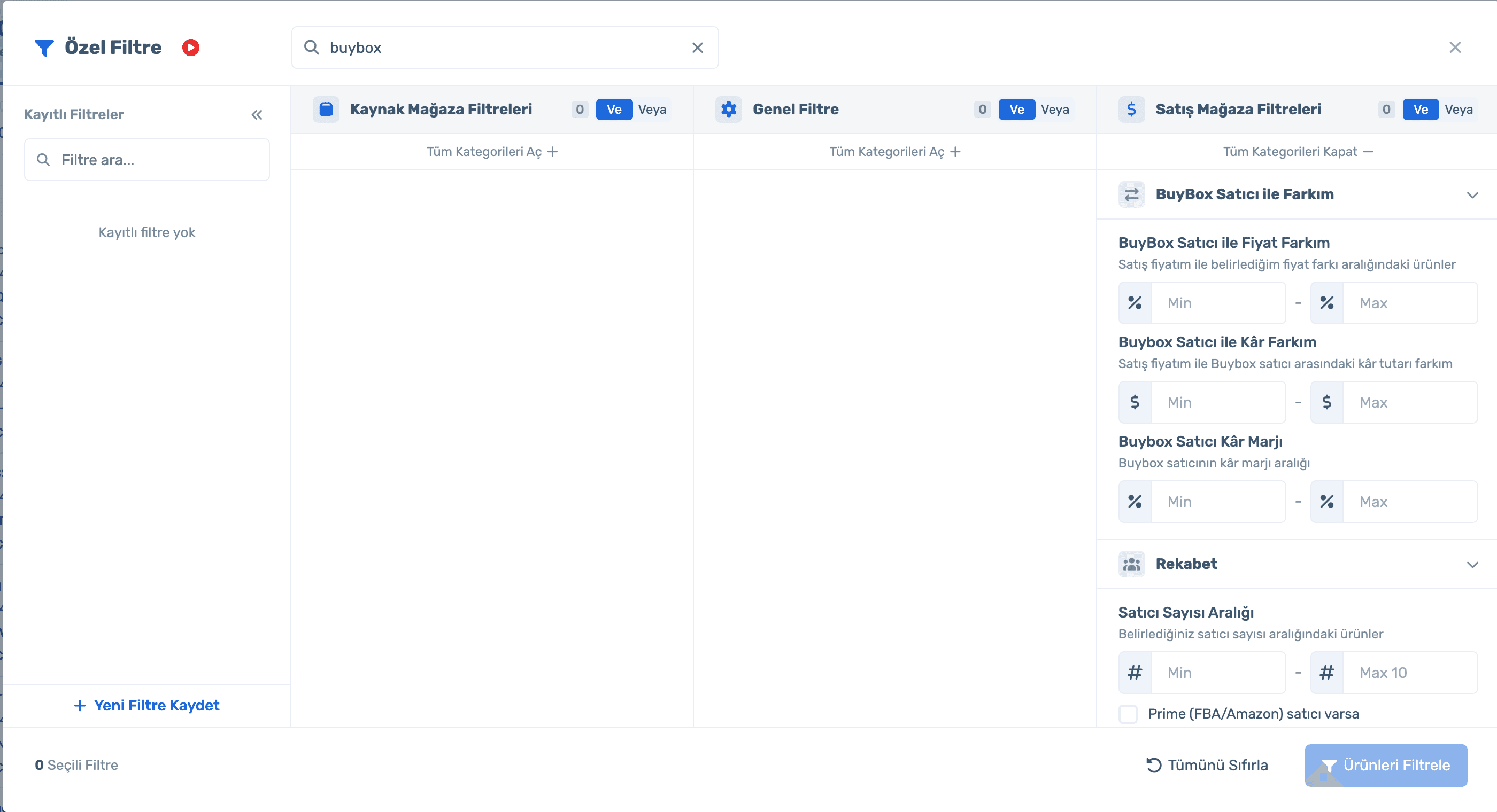Custom Filter panel searching "buybox"