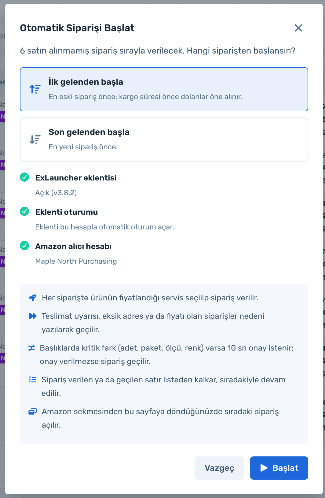 Start Automatic Ordering window